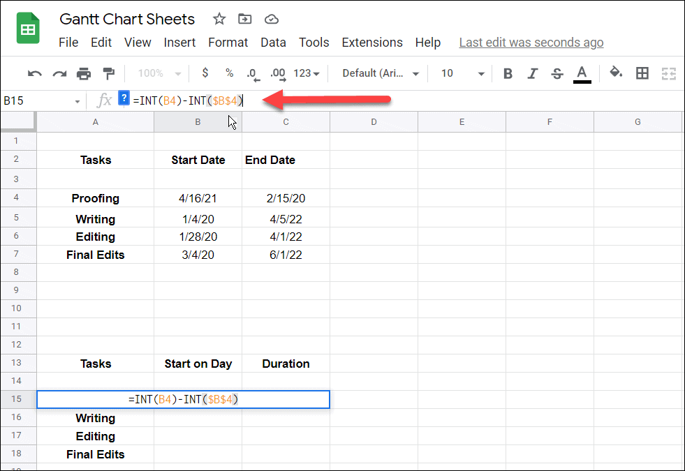2 Formel eingeben Erstellen Sie ein Gantt-Diagramm in Google Sheets