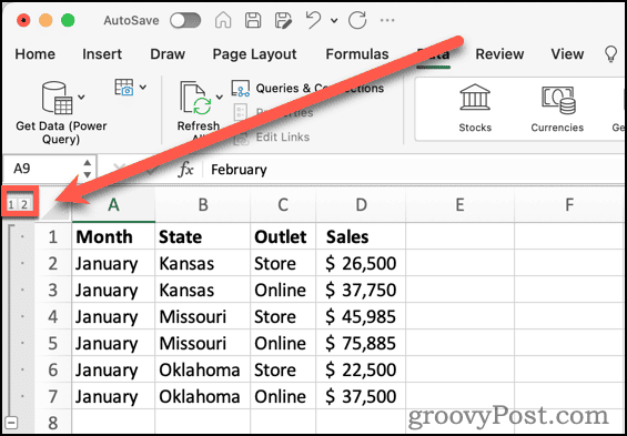 Gliederungsebenenschaltflächen in Excel