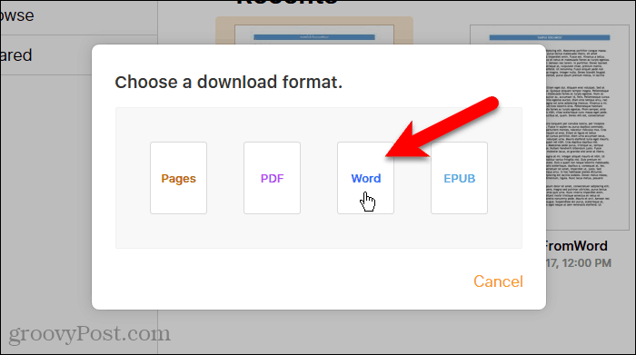 Klicken Sie im Dialogfeld Download-Format auswählen unter Seiten in iCloud auf Word