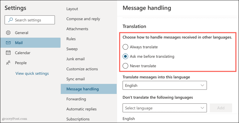Übersetzungseinstellungen in Outlook online
