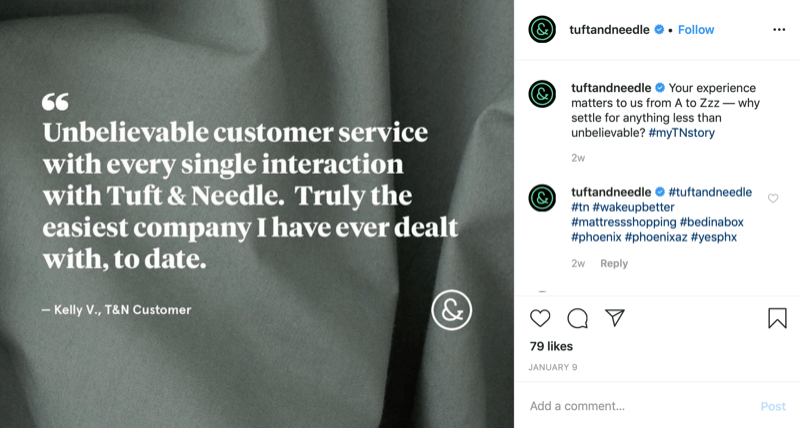 Kundenzitat-Grafik von Tuft and Needle Instagram-Konto