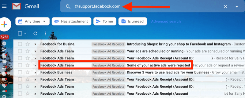 Beispiel eines Google Mail-Filters für @ support.facebook.com zum Isolieren aller E-Mail-Benachrichtigungen für Facebook-Anzeigen
