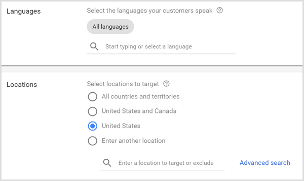 Einstellungen für Sprachen und Standorte für die Google AdWords-Kampagne.