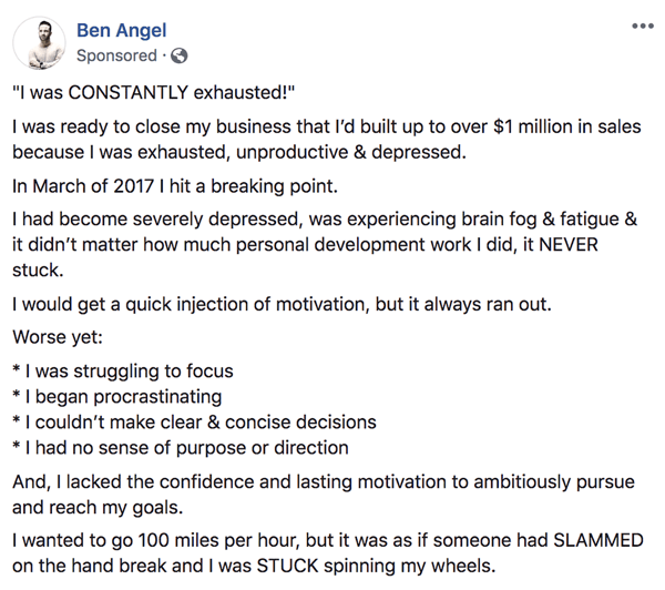 Schreiben und Strukturieren von textbasierten, von Facebook gesponserten Posts in längerer Form, Schritt 1, Beispiel für Hintergrundinformationen von Ben Angel