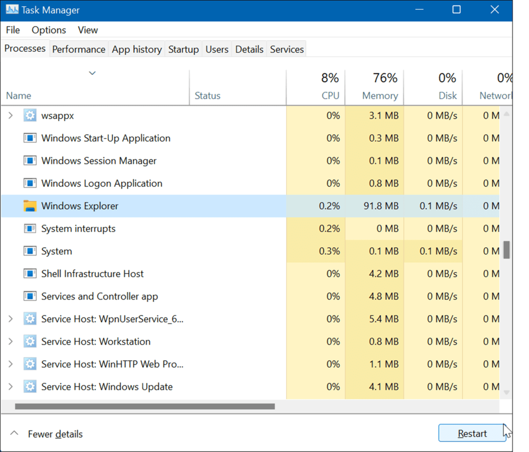 Starten Sie Windows Explorer neu, um die Taskleisteneinstellungen in Windows 11 zurückzusetzen