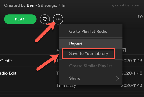 Speichern einer Spotify-Wiedergabeliste in einer Benutzerbibliothek