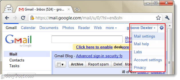 Dropdown-Menü Google Mail-Einstellungen