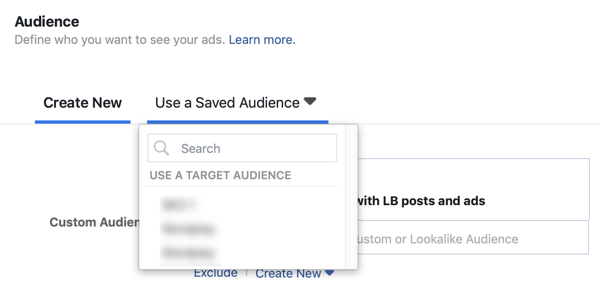 Option zur Verwendung einer gespeicherten Zielgruppe für eine Facebook-Lead-Werbekampagne.