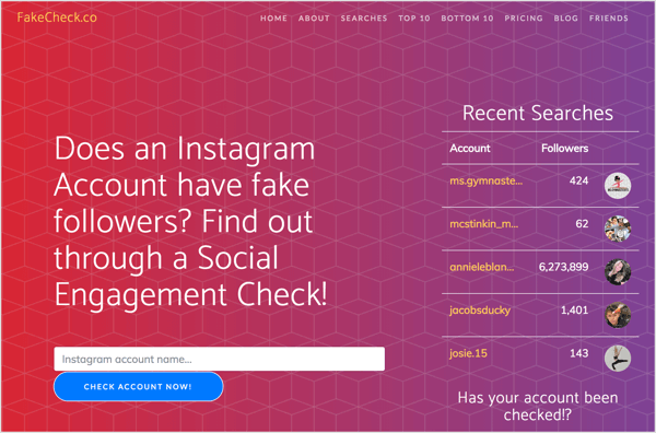 Suchen Sie mit FakeCheck.co nach gefälschten Instagram-Followern.