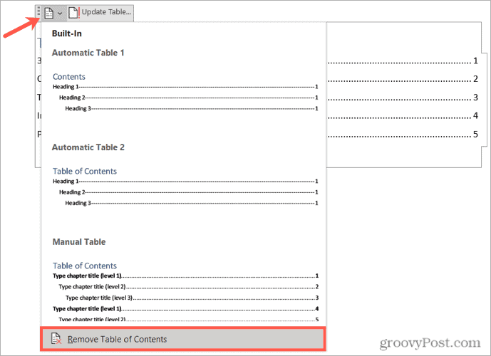 Entfernen Sie ein Inhaltsverzeichnis in Word