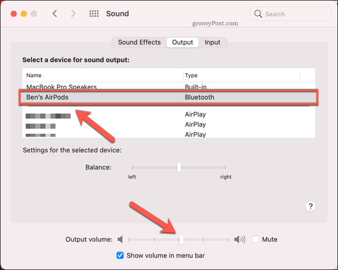 Auswählen von AirPods als Ausgabegerät auf dem Mac