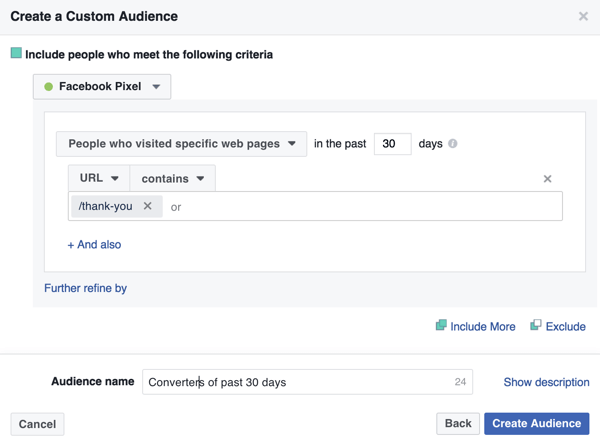 Fügen Sie die URL Ihrer Dankesseite hinzu, um eine benutzerdefinierte Facebook-Zielgruppe früherer Käufer zu erstellen.