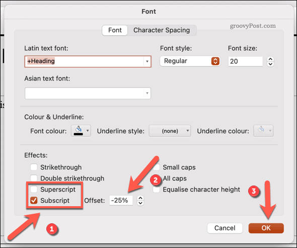 Ändern der Schriftart in hochgestellt oder hochgestellt in Powerpoint auf dem Mac