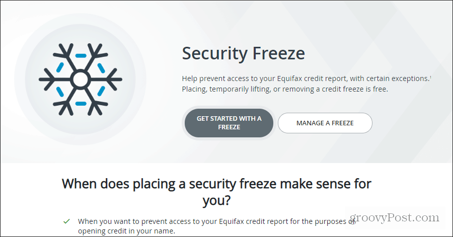 Equifax Security Freeze-Seite