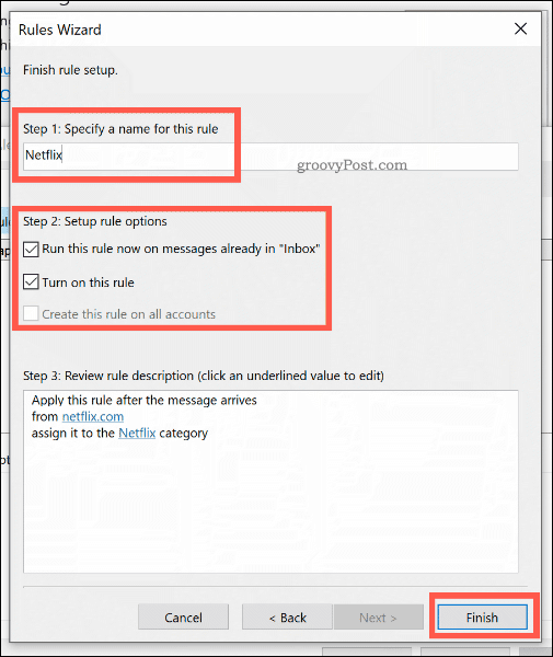 Bestätigen einer neuen Outlook-Regel