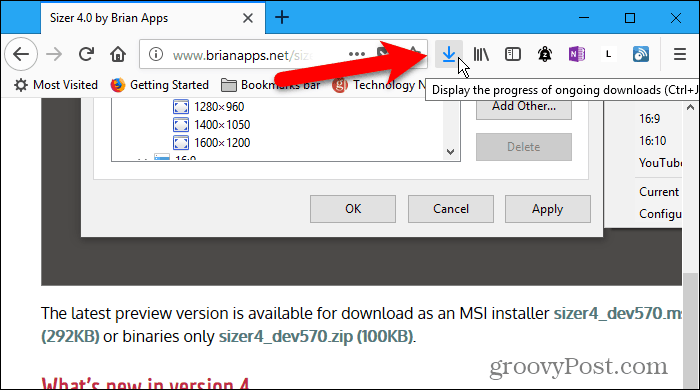 Die Schaltfläche "Downloads" wird beim Herunterladen in Firefox in der Symbolleiste angezeigt