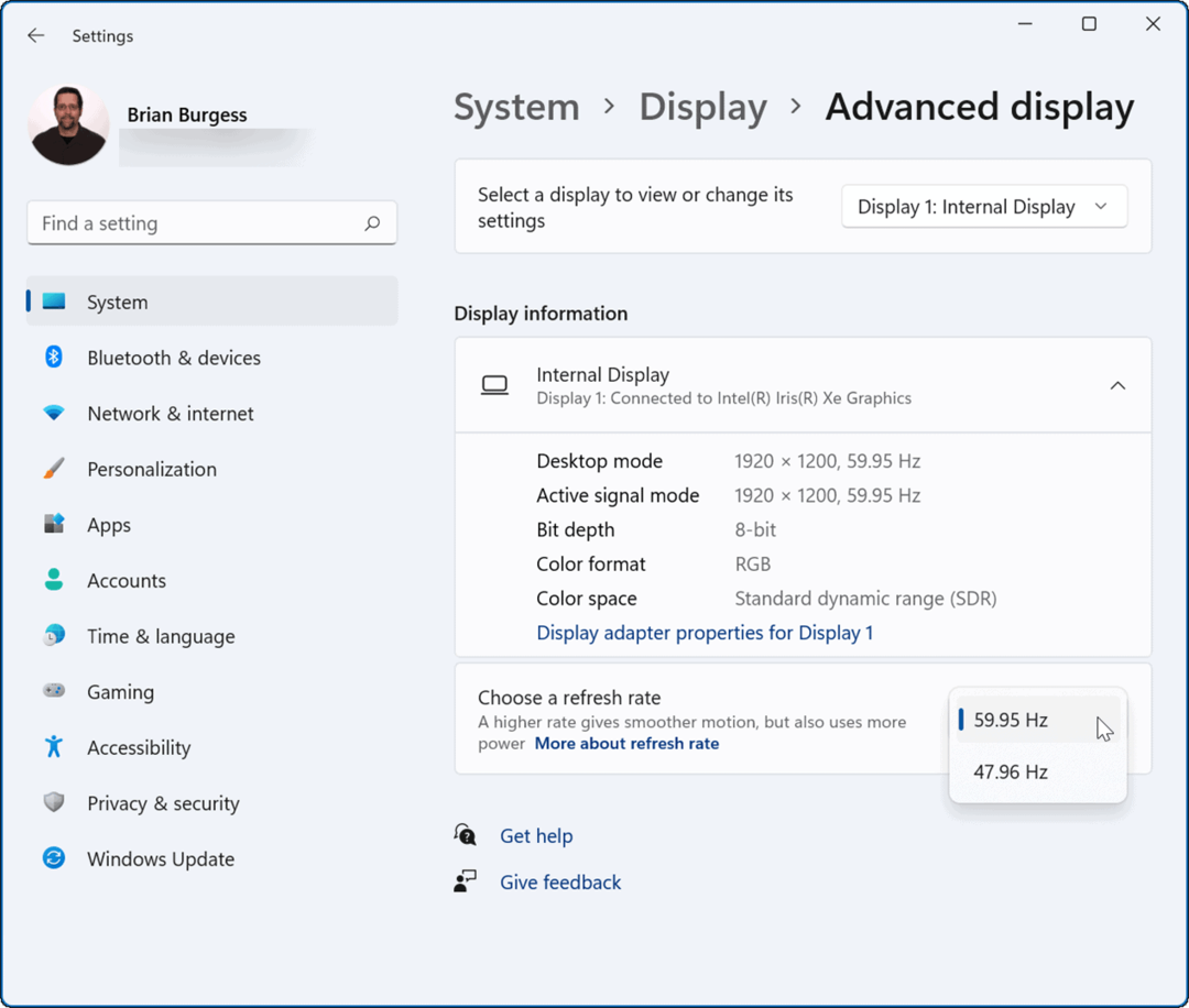 Ändern Sie die Aktualisierungsrate in Windows 11
