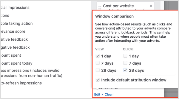 Vergleich des Attributionsfensters des Facebook-Anzeigenmanagers