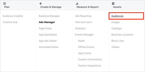 Öffnen Sie das Zielgruppen-Dashboard im Facebook Ads Manager.