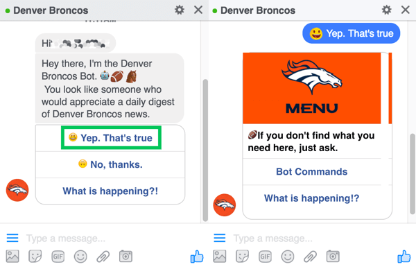 Der Chatbot von Denver Broncos fordert Benutzer auf, sich für ihre tägliche Übersicht anzumelden.