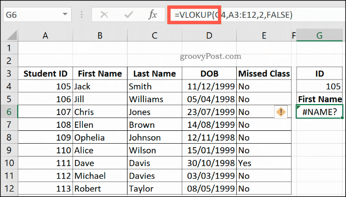 Eine falsch geschriebene VLOOKUP-Formel in Excel, die einen NAME-Fehler zurückgibt