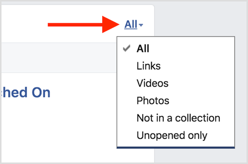 Filter für die Liste der von Facebook gespeicherten Elemente