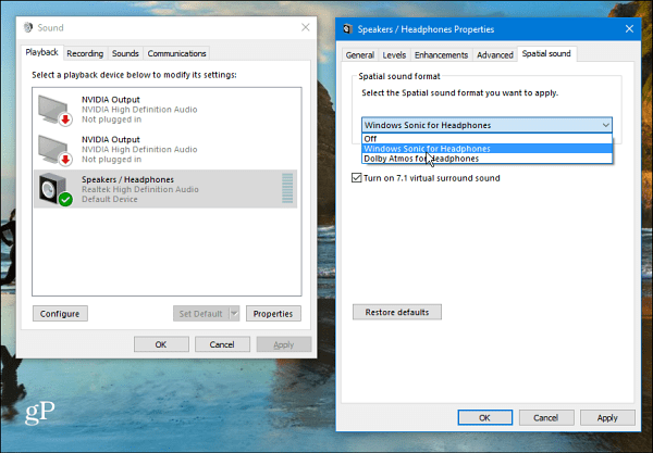 Windows 10 Spatial Sound-Einstellung