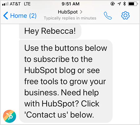 Mit der Chatbot-Begrüßungsnachricht von HubSpot können Sie einen Menschen kontaktieren.