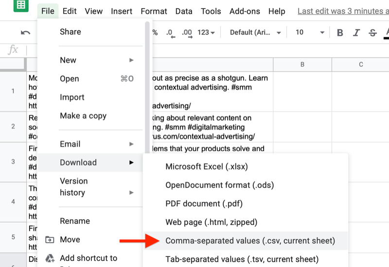 Google Sheet File-Menü, in dem die Option zum Herunterladen mit der durch Kommas getrennten Option hervorgehoben wird