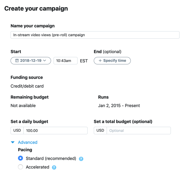 Beispiel für Kampagneneinstellungen für Ihre Twitter-Anzeige für In-Stream-Videoansichten (Pre-Roll).