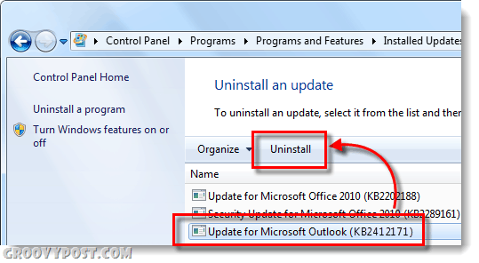 Löschen Sie kb2412171 unter Windows 7 Outlook