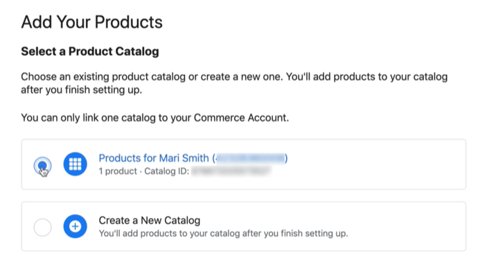 Facebook-Produktkatalogoption zum Verbinden eines vorhandenen oder neuen Katalogs