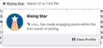 Verwendung der Funktionen von Facebook Groups, Beispiel eines Rising Star-Gruppenabzeichens