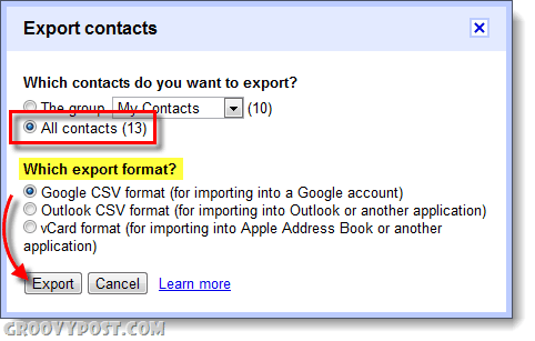 Exportieren Sie den Google Mail-Kontakttyp für Google Apps