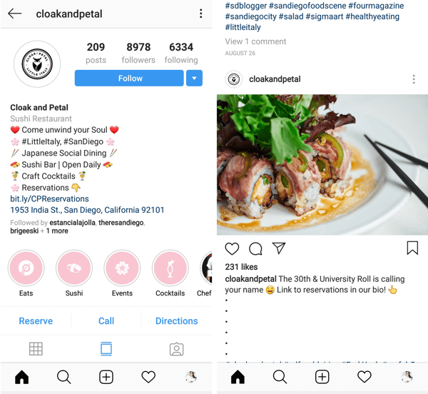 Instagram-Post mit Handlungsaufforderung für Action-Schaltfläche Klicken Sie auf @cloakandpetal.