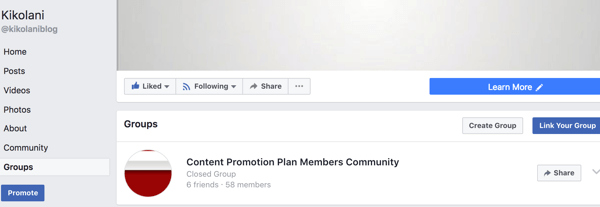 Ihre verknüpfte Gruppe wird auf der Registerkarte Gruppen Ihrer Facebook-Seite angezeigt.