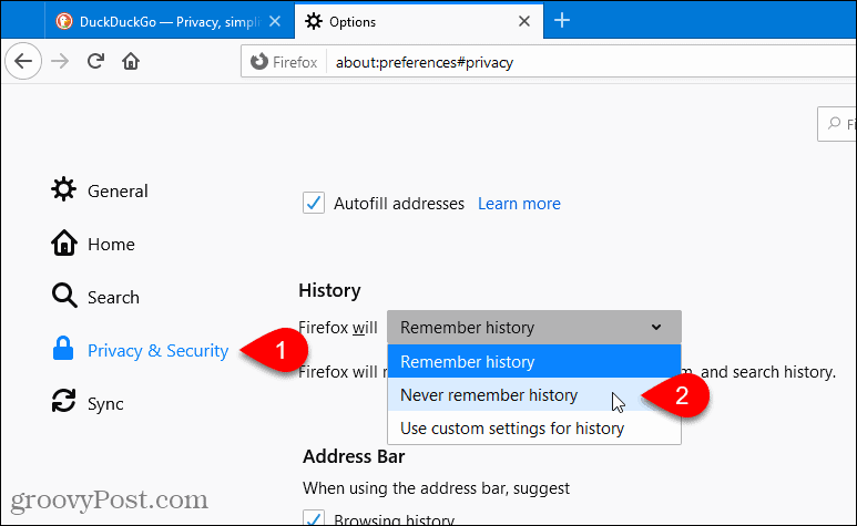 Wählen Sie in Firefox die Option Nie an Verlauf erinnern aus