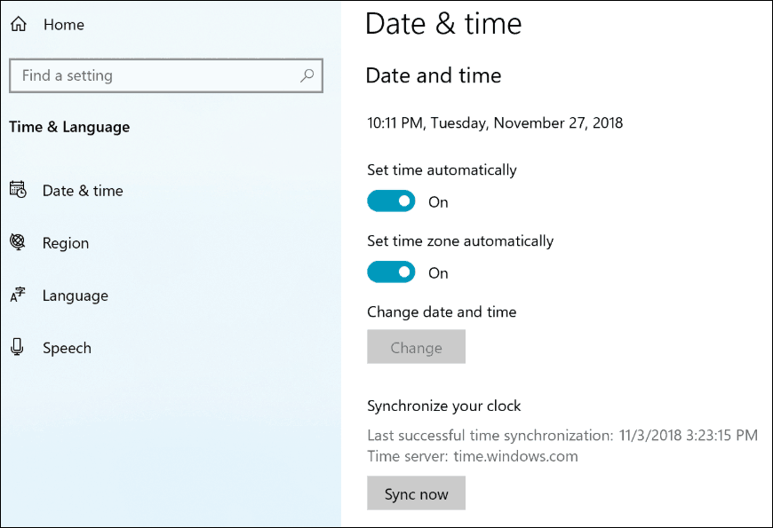 Windows 10 19H1 Sync Clock-Einstellungen
