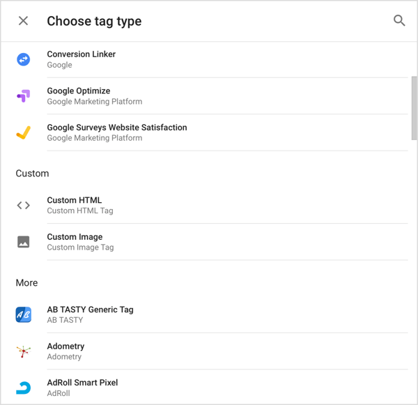Wählen Sie den Tag-Typ aus, den Sie dem Google Tag Manager hinzufügen möchten.