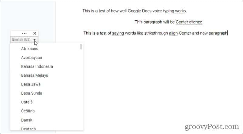 Google Docs Spracheingabesprachen