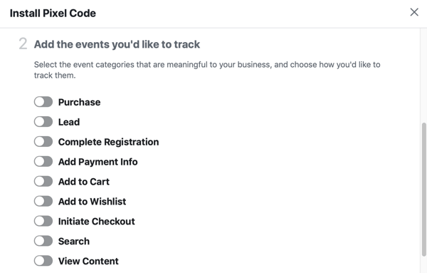 Optionen für Ereignisse, die Sie mit Ihrem Facebook-Pixel verfolgen möchten.
