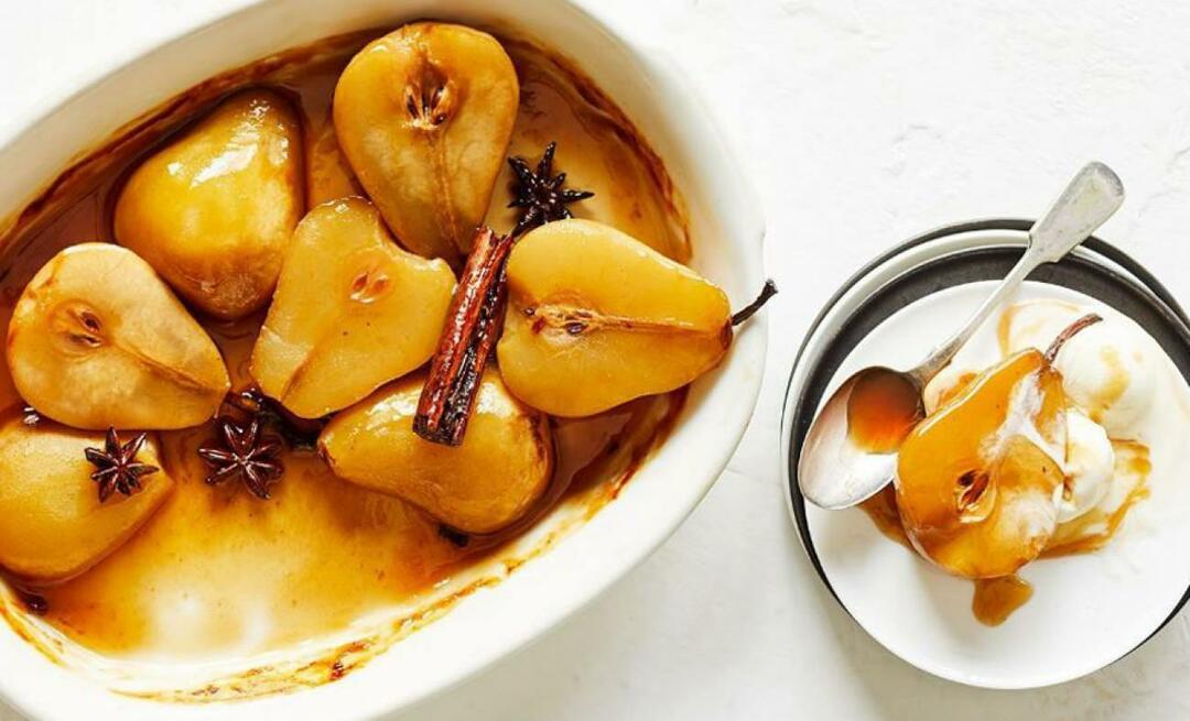 Wie macht man ein Kirsch- und cremiges Birnen-Dessert? Birnendessert, das durch seine Rezeptur überzeugt