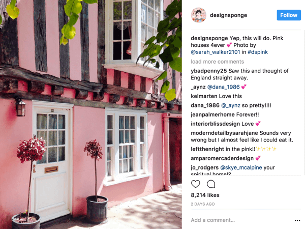 DesignSponge ermutigt Instagram-Follower, Fotos basierend auf einem sich ständig ändernden Hashtag, der ein Thema definiert, beizusteuern.