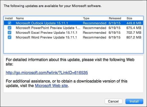 Microsoft Office 2016 für Mac Vorschau-Update KB3074179