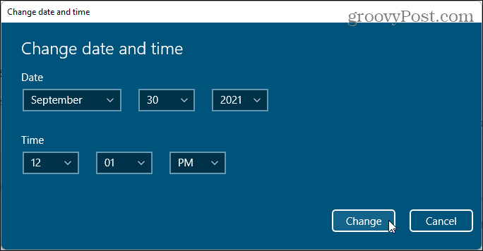 Dialog zum Ändern von Datum und Uhrzeit in Windows 11