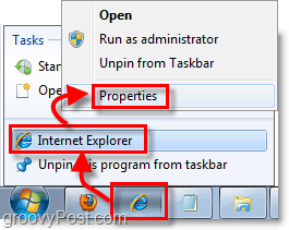So gelangen Sie zu den Verknüpfungseigenschaften für angeheftete Taskleisten-Shorctuts in Windows 7