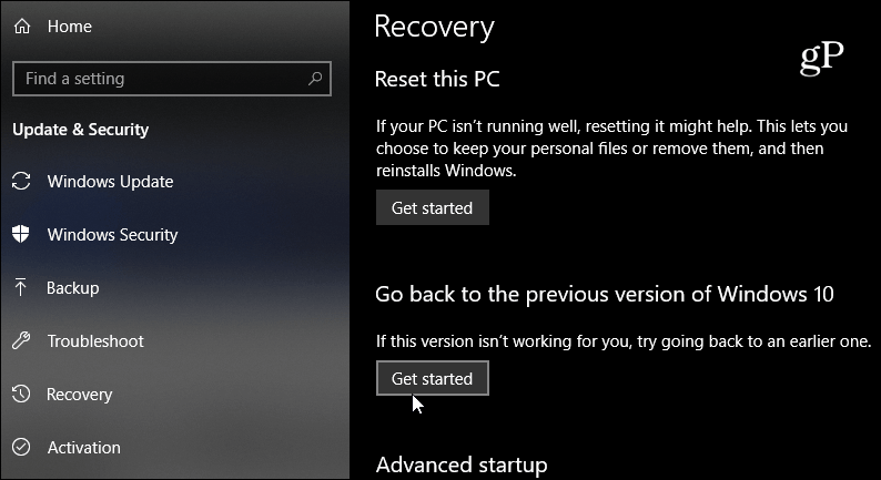 Gehen Sie zurück zur vorherigen Version von Windows 10