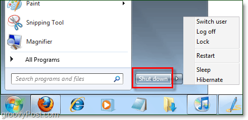 Der Windows 7-Startmenü-Netzschalter mit den Standardeigenschaften "Herunterfahren"