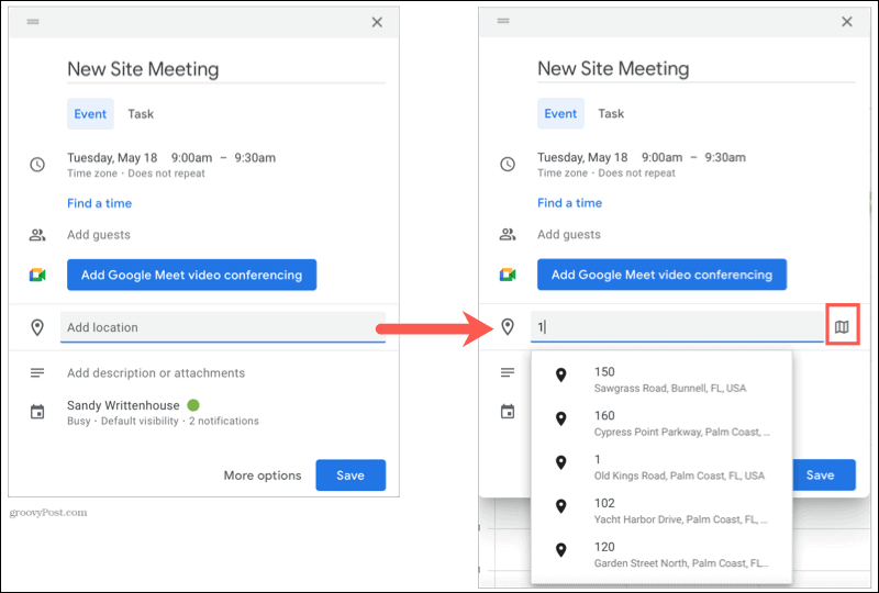 Vorschau-Symbol für Standortkarten in Google Kalender