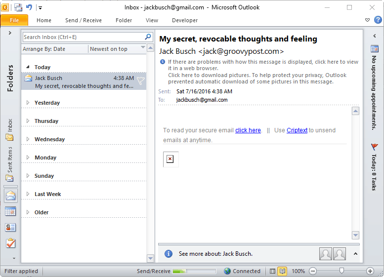 sichere Criptext-E-Mail in Outlook
